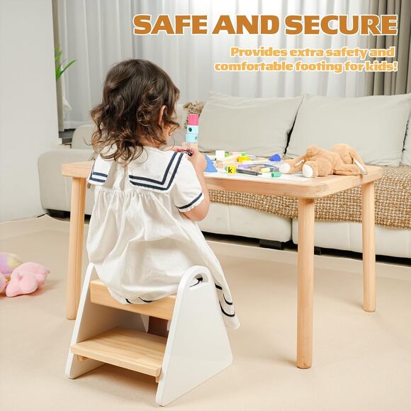Toddler Step Stool 2-Step Wooden w/ Handles | Kids Bathroom Kitchen Helper White - Picture 4 of 7